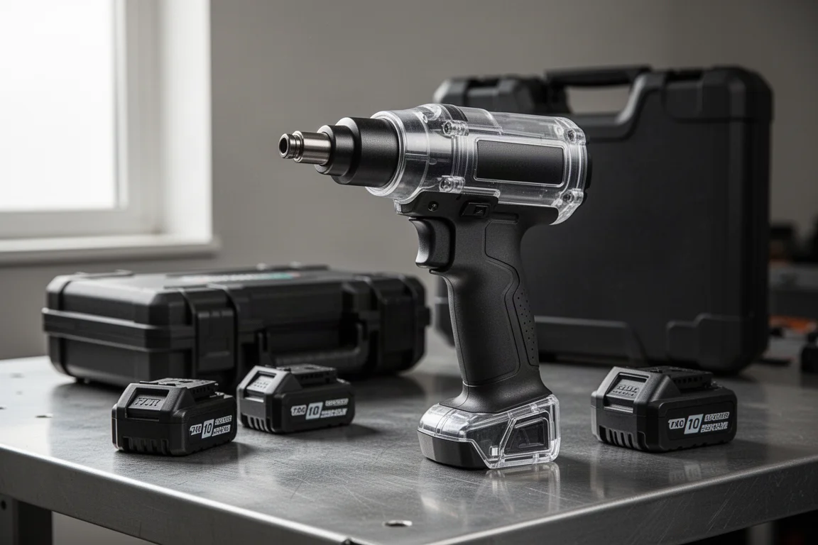 Cordless 1/4in rivet gun with case and batteries on a workshop bench
