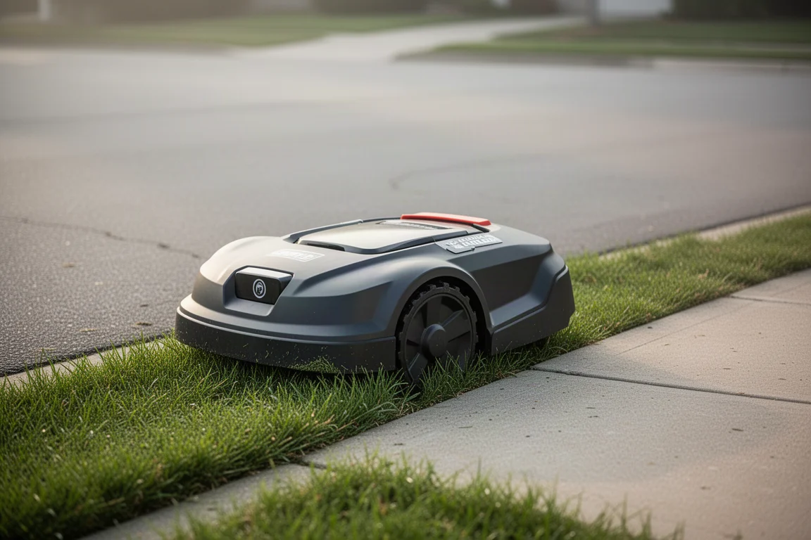 Robotgräsklippare som stannar säkert nära en gatukant i ett trafikerat område