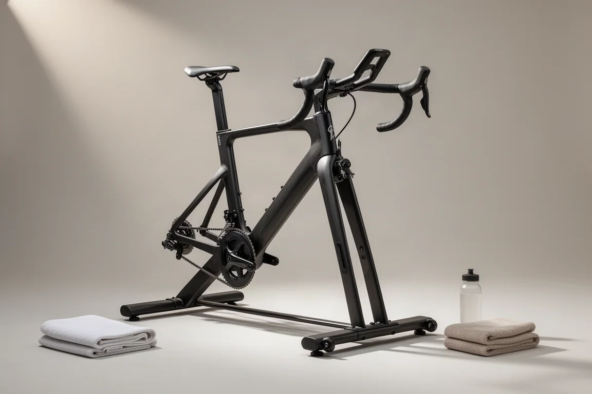 Carbon indoor training bike on a wide base photographed on a light grey backdrop