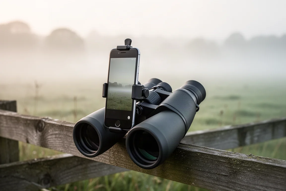 Smartphone monté sur des jumelles en extérieur pour le digiscoping