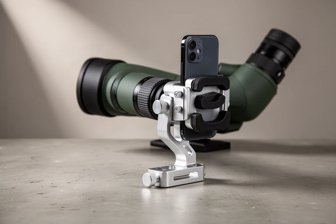 Move Shoot Move Tri Adapter 安裝在單筒望遠鏡目鏡上，並夾著一支智慧型手機