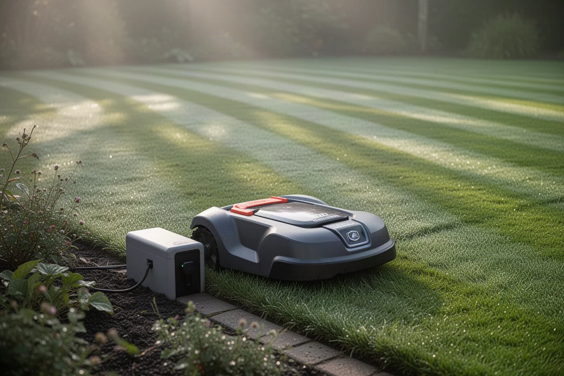 Maairobot geparkeerd op een gazon naast zijn oplaadstation