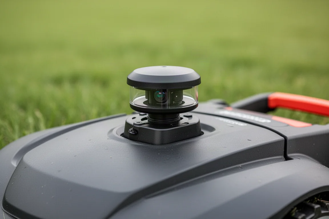 Close-up van een lidar-sensorkoepel op een maairobot