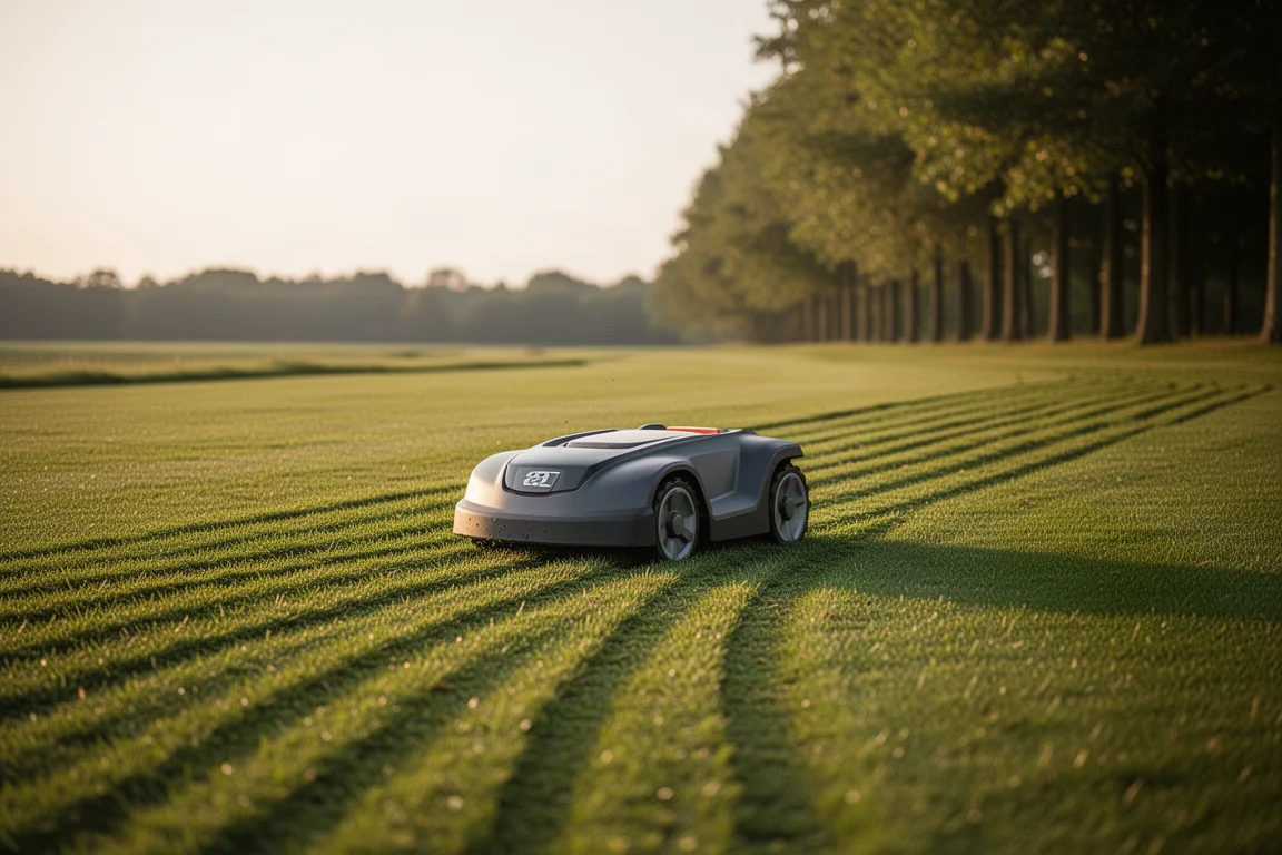 Maairobot maait strakke banen in een groen gazon