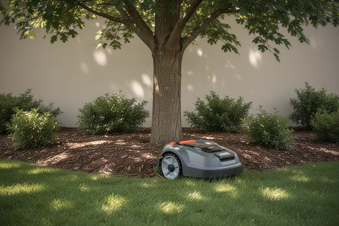 Maairobot navigeert voorzichtig rond een boom in de tuin