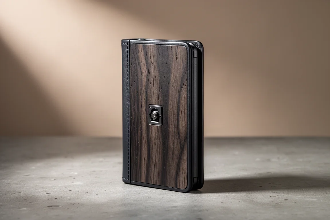 Slim dark wood-leather wallet standing upright on a concrete surface