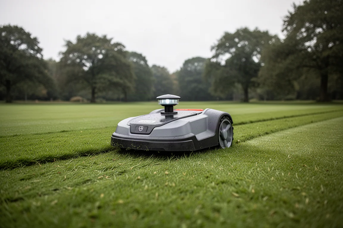 Robotic mower cutting a wide lawn with trees in soft morning light