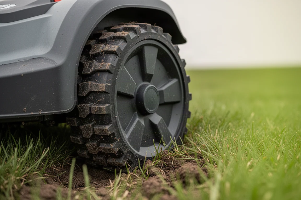 Close-up of treaded rubber wheel gripping uneven grassy ground
