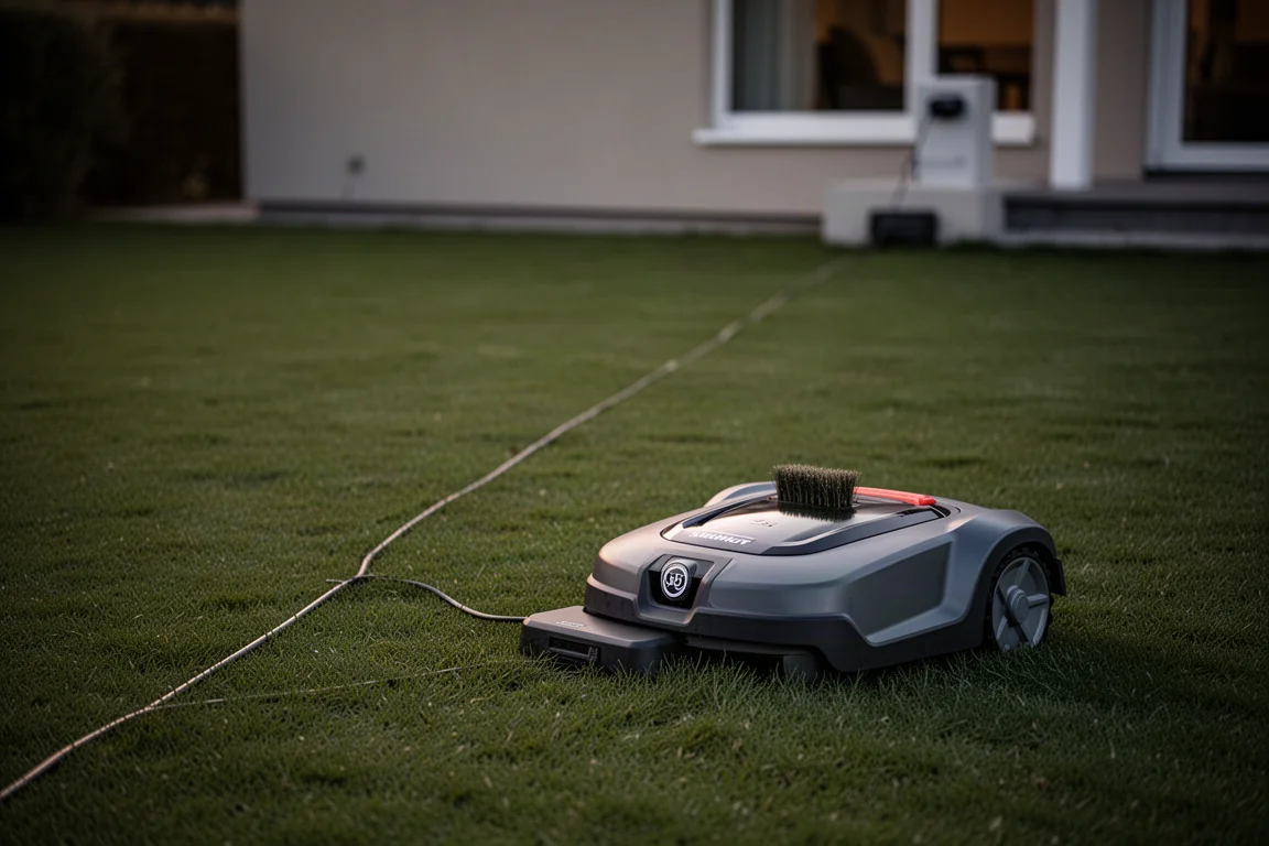 Robotic mower docking on a charging pad connected by a long cable