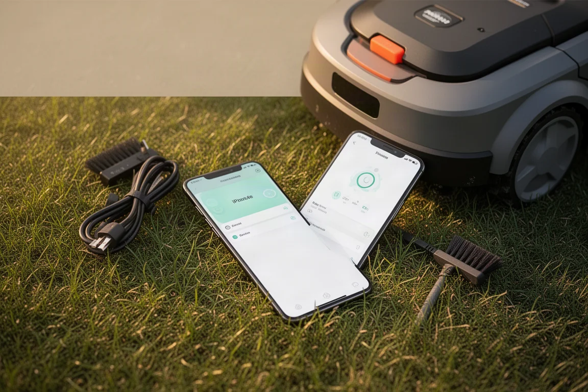 Person adjusting mower controls on a smartphone app in the garden