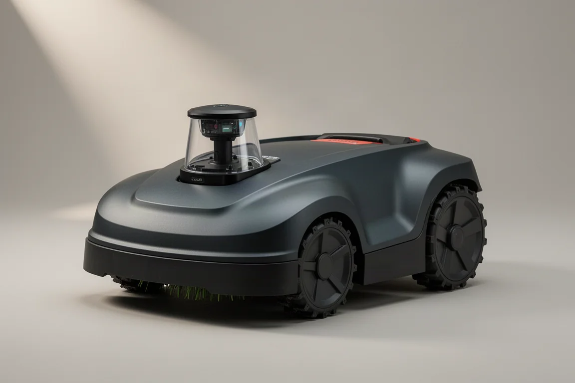 灰底背景下的機器人割草機,具備前置 lidar 感測器與履帶紋路輪胎
