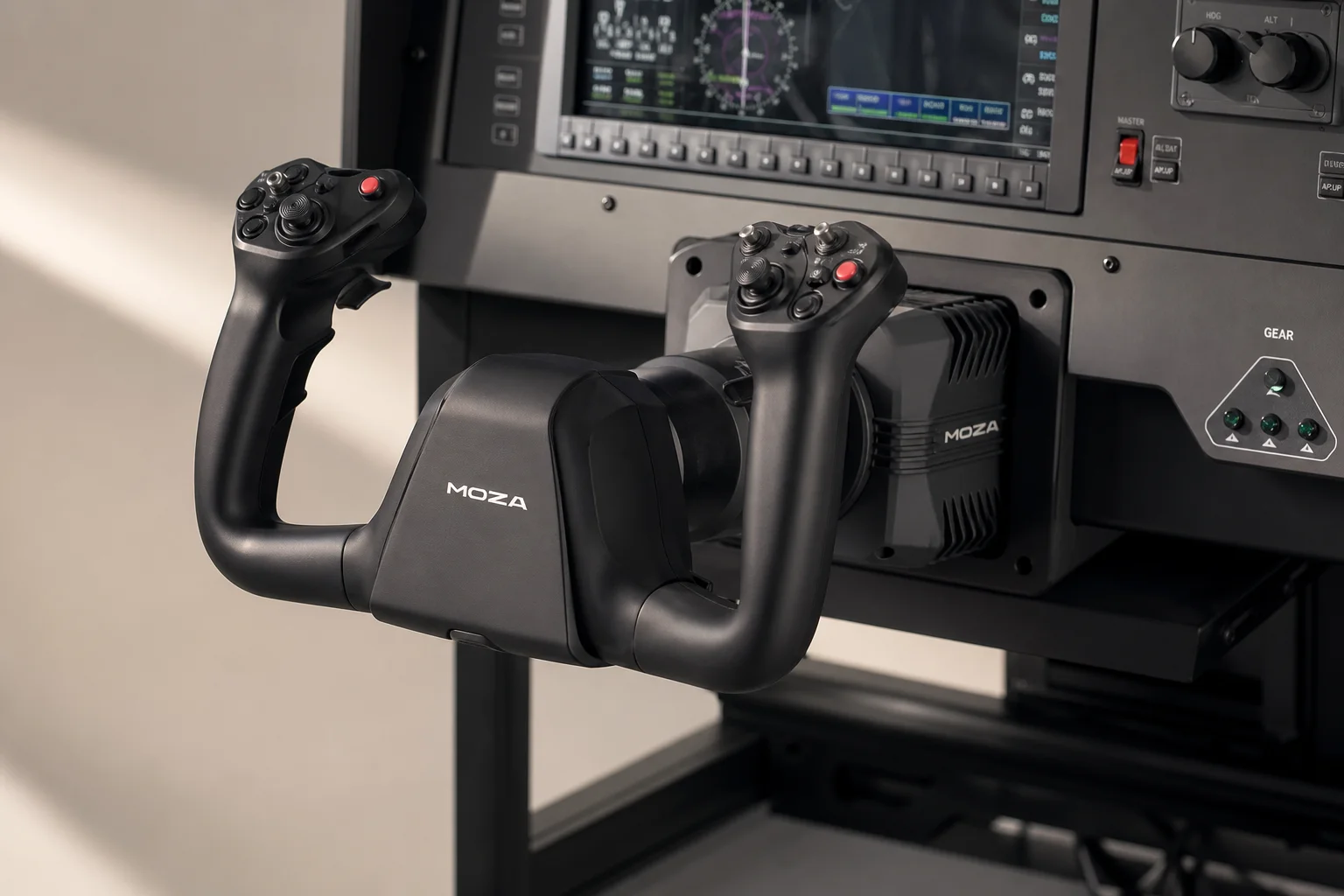 Cabina de simulador de vuelo doméstico profesional con yoke, aviónica, controles de aceleración y tres monitores
