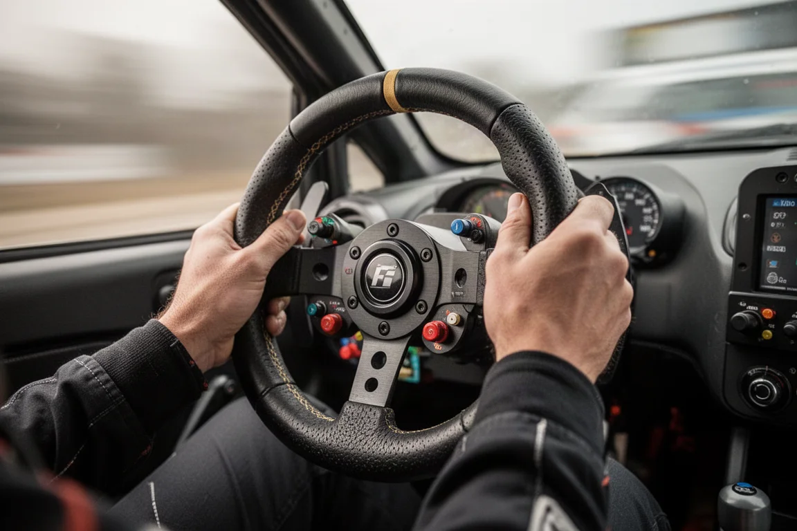 Manos de un simulador sobre un volante redondo durante una sesión de conducción estilo rally
