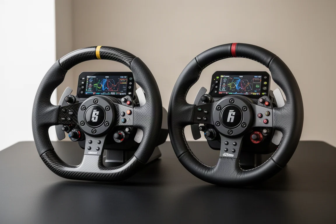 Volants MOZA KS Pro et CS Pro sur une surface noire mate