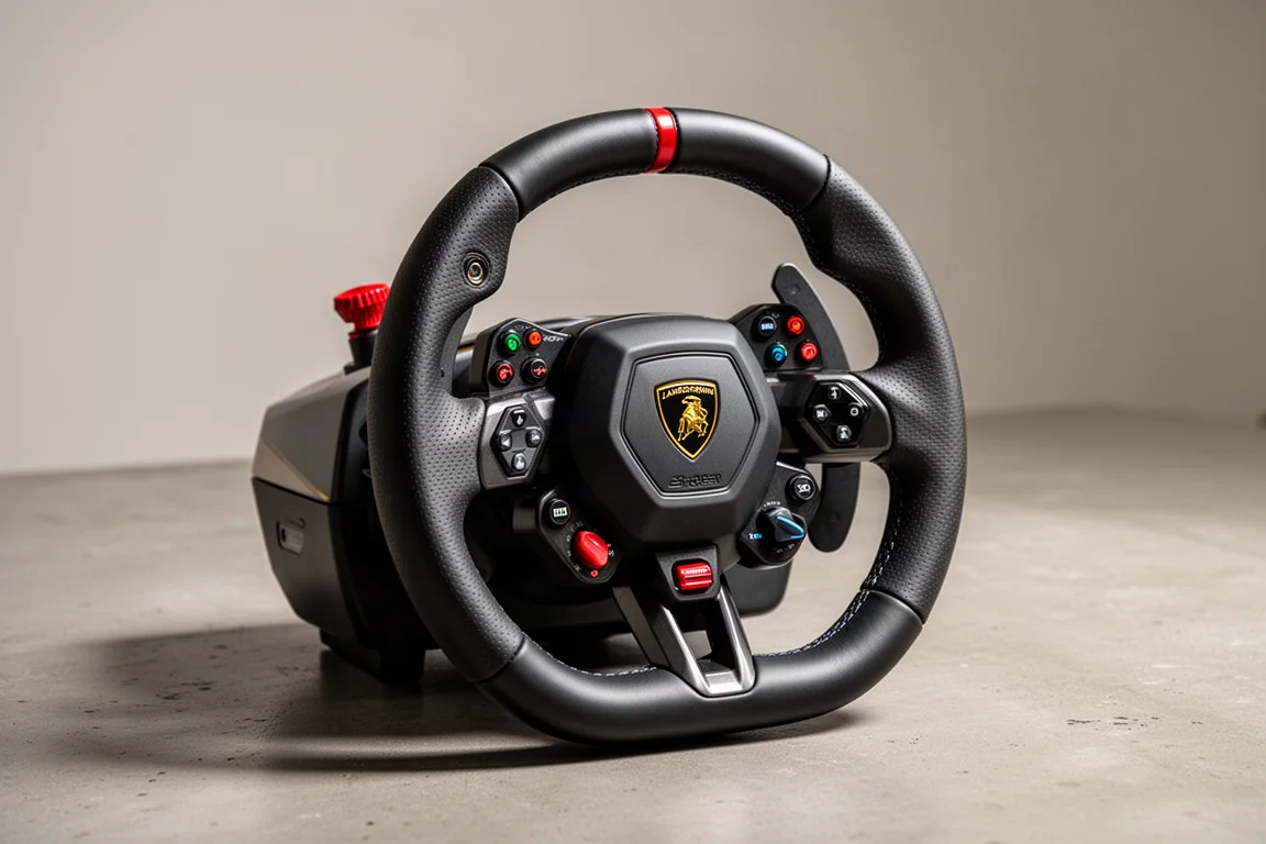 Moza Lamborghini Revuelto 模擬賽車方向盤置於水泥地面上