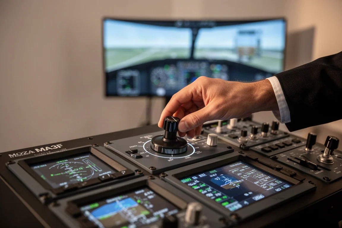 Mani di un pilota che regolano una manopola rotante sul Moza MA3F FCU durante un volo