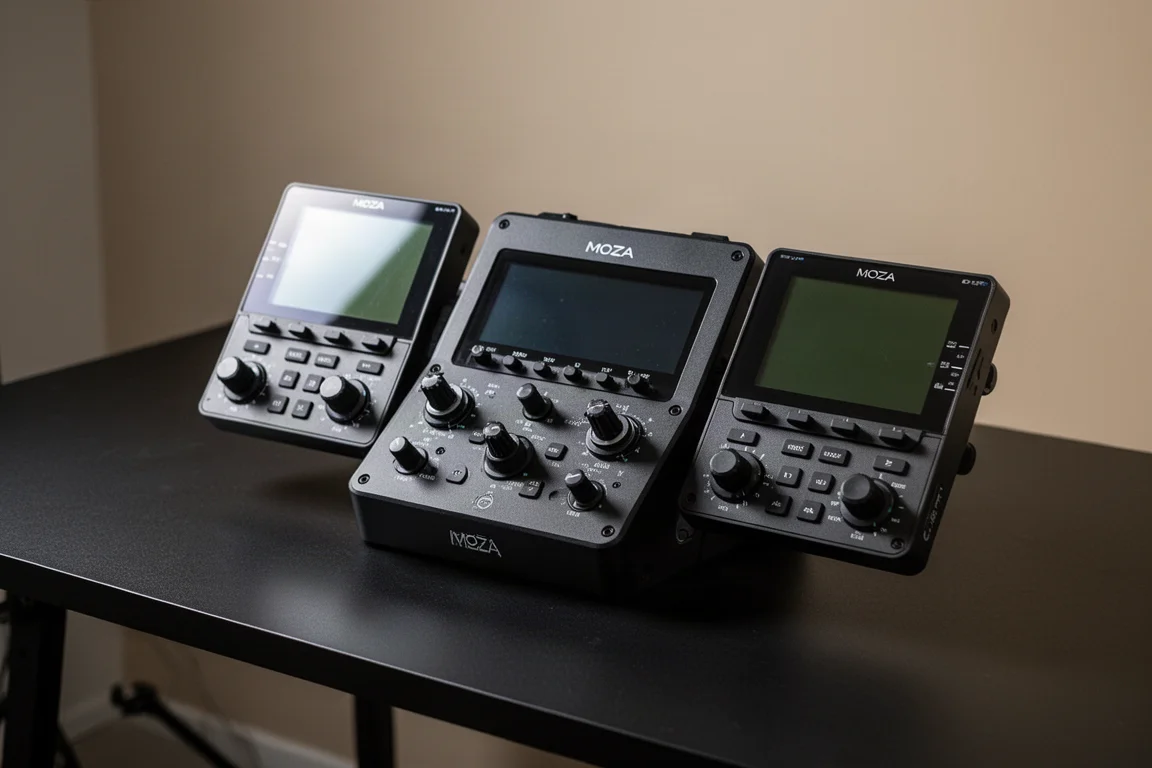 Moza MA3F Flight Control Unit avec panneaux EFIS gauche et droit sur un bureau
