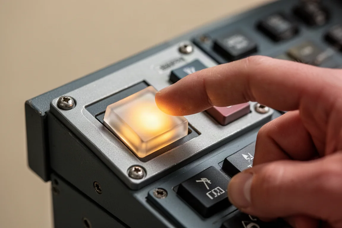 Mão pressionando uma tecla de silicone retroiluminada no display de computador de voo MOZA MA3F