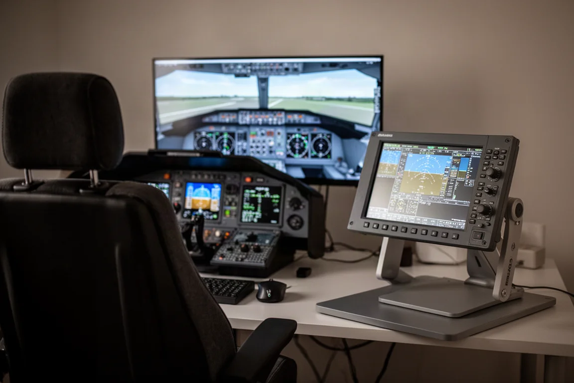 Configuração de cockpit de simulador de voo com o MOZA MA3F montado em um suporte de mesa