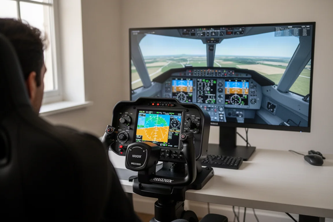 Entusiasta de simuladores de vuelo sentado en un escritorio con el Moza MGX1000 montado frente a un monitor