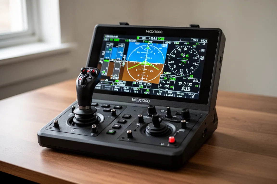 Moza MGX1000 mostrando una pantalla de vuelo principal con el joystick de siete direcciones en foco