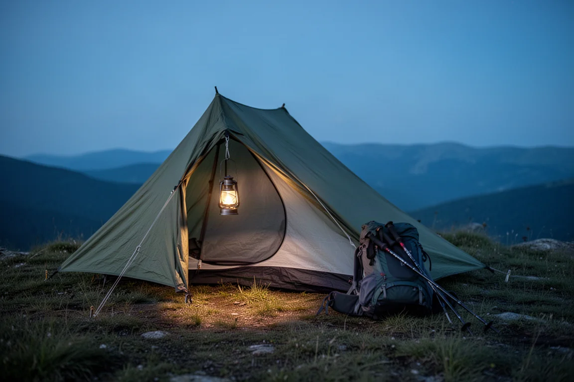 Terrain de camping au crépuscule avec une petite lanterne lumineuse suspendue à une boucle de tente