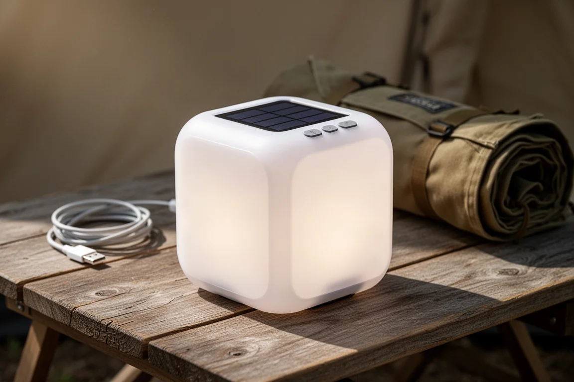 Inflated solar camping lantern with a top-mounted solar panel on a wooden camp table