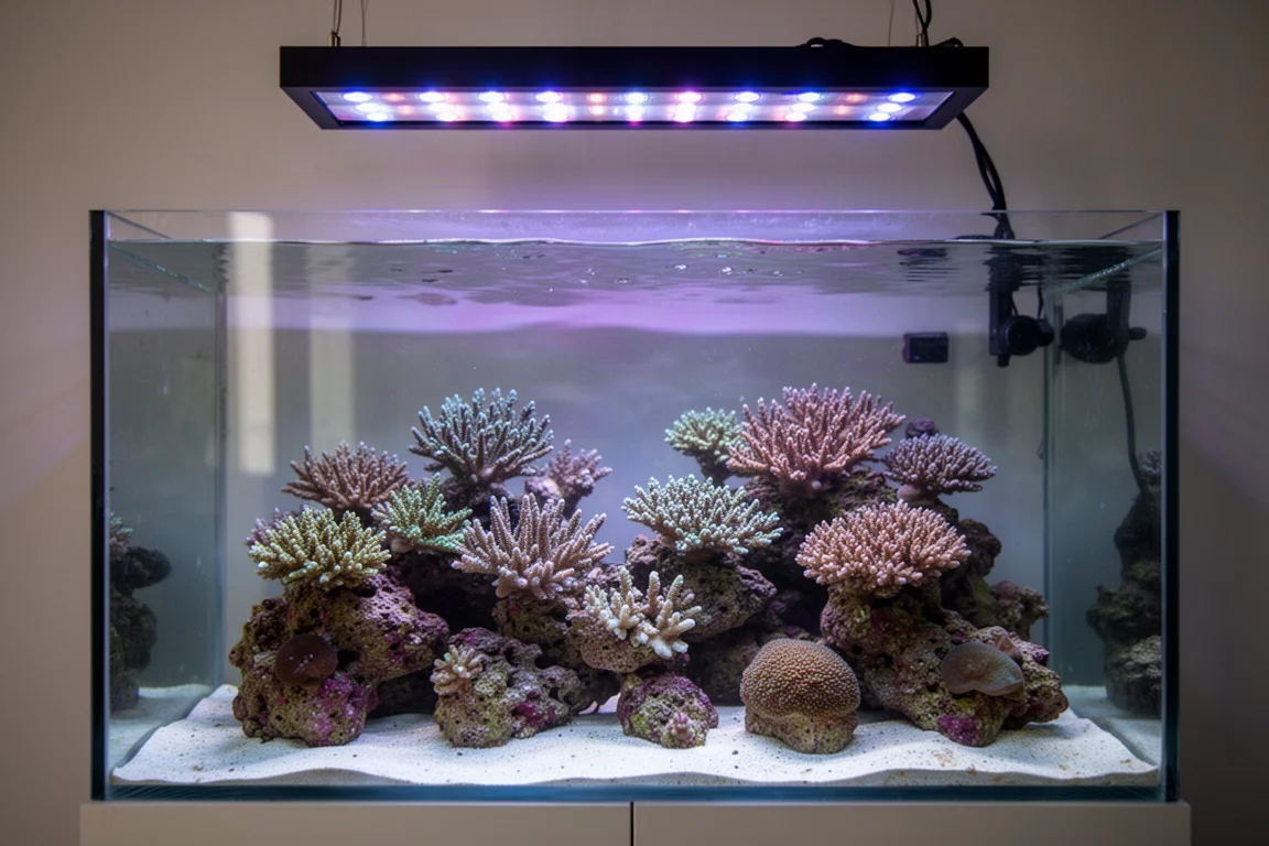 Coraux d'aquarium récifal brillant sous un éclairage LED bleu