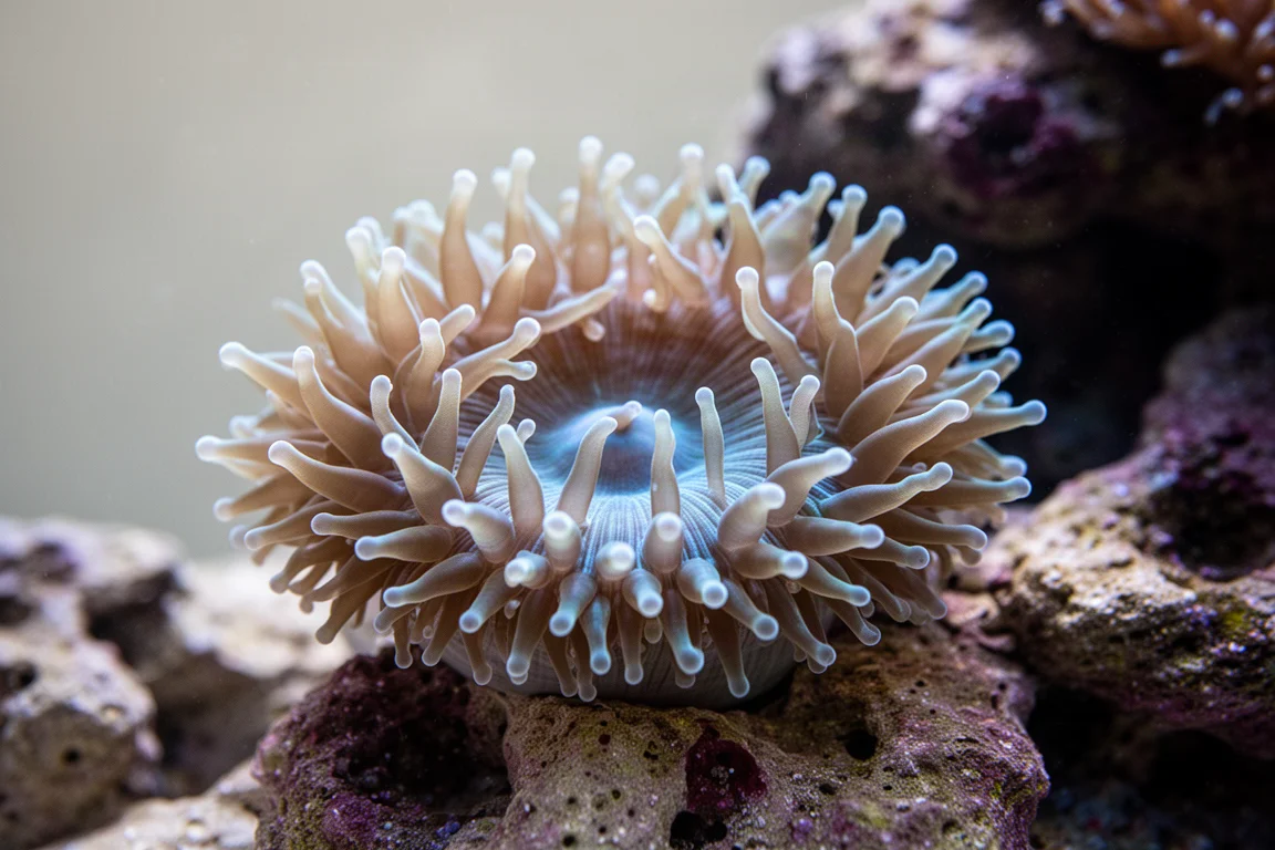 Colonie de coraux LPS déployée sous un éclairage d'aquarium modéré