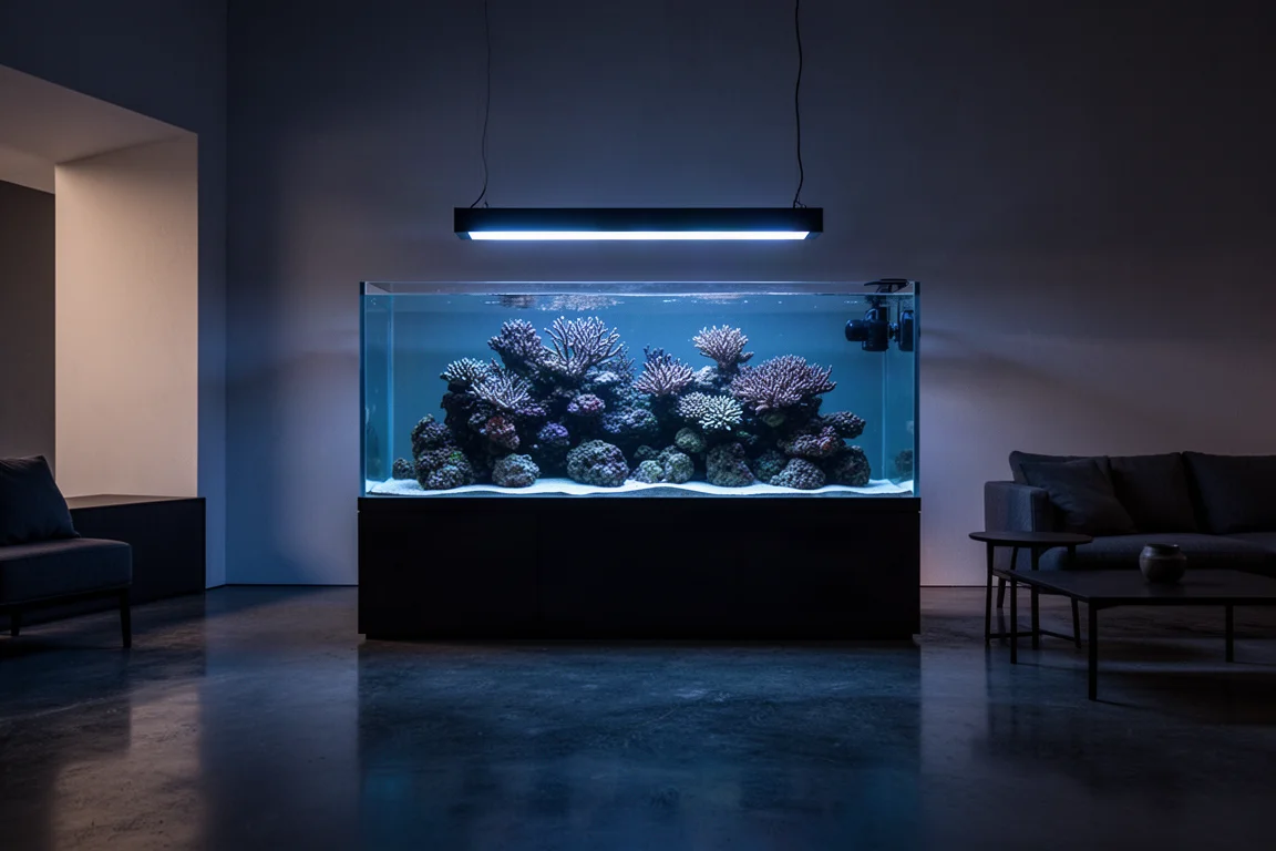 Aquarium récifal domestique brillant dans une pièce sombre au crépuscule