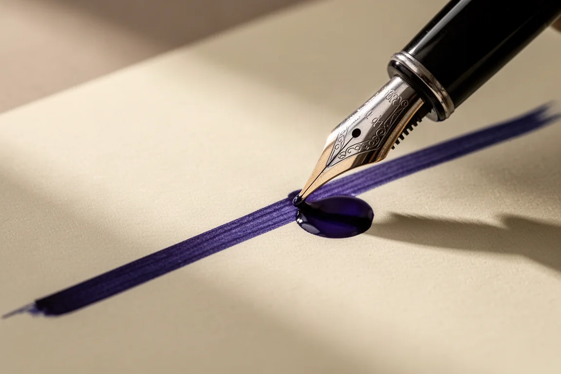 Wieczne pióro piszące szeroką, mokrą linią tuszu na kremowym papierze