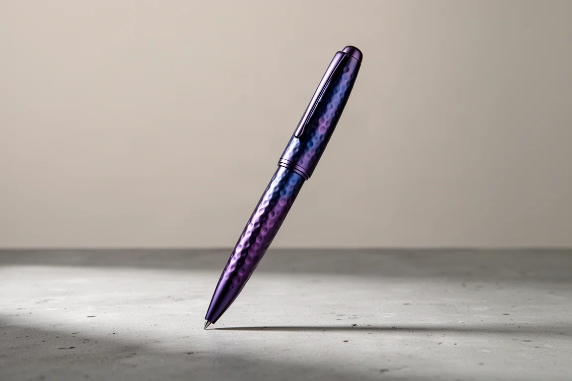 Dark blue-purple titanium fountain pen with hammered crater texture on concrete