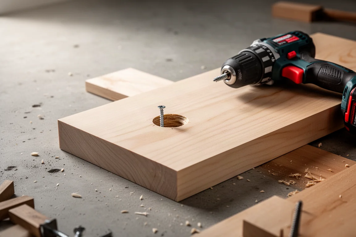 Banco da lavoro con un pezzo di legno di pioppo che mostra un foro per vite allargato