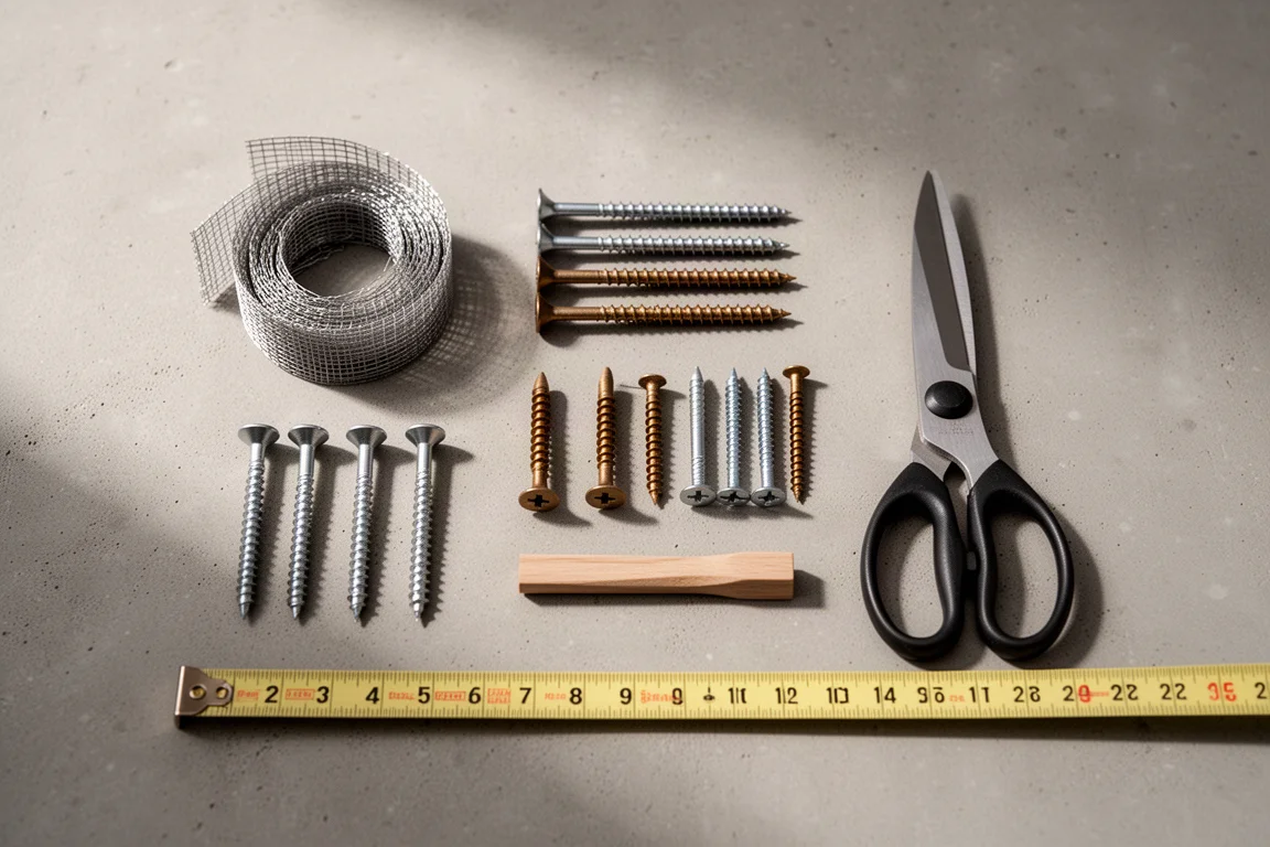 Disposizione in orizzontale di materiali di riparazione da officina su una superficie di cemento