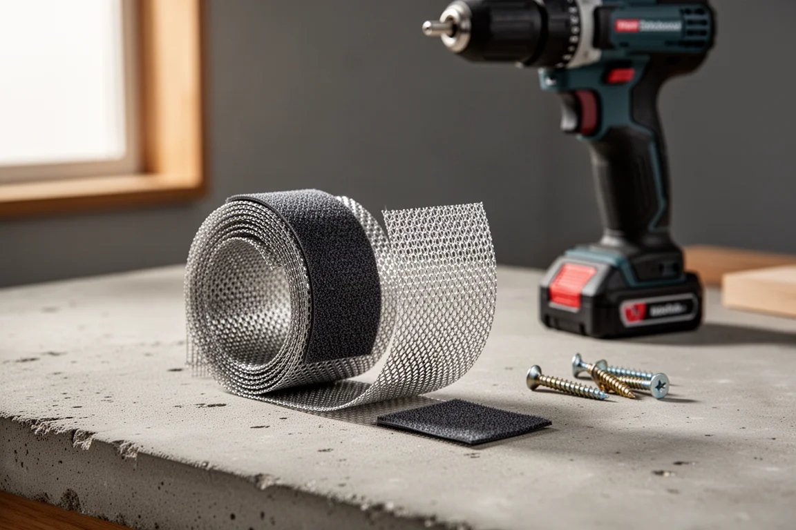 Coiled metal repair mesh strip on a workshop surface beside a drill and screws
