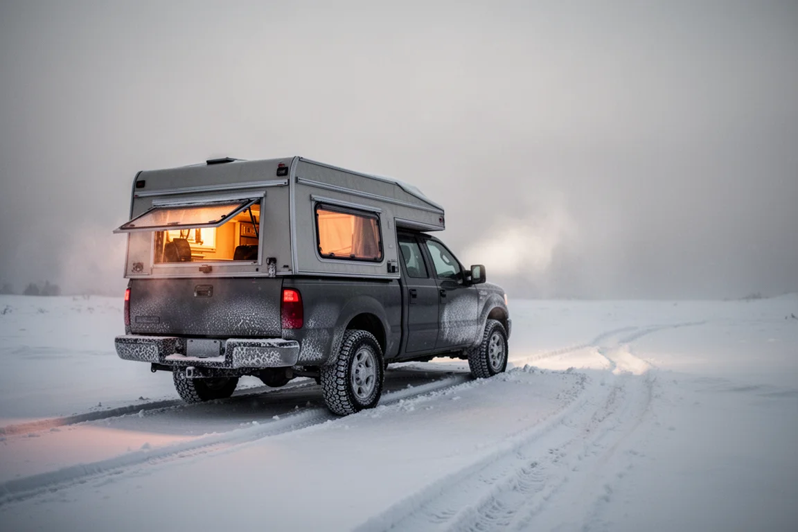 Camioneta con carcasa de camping sobre nieve con resplandor cálido en su interior al amanecer