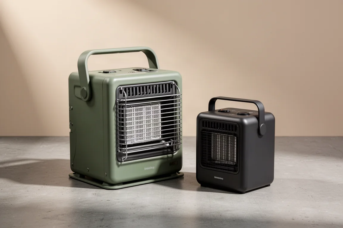 Two portable propane heaters, one large and one compact, on a matte concrete surface