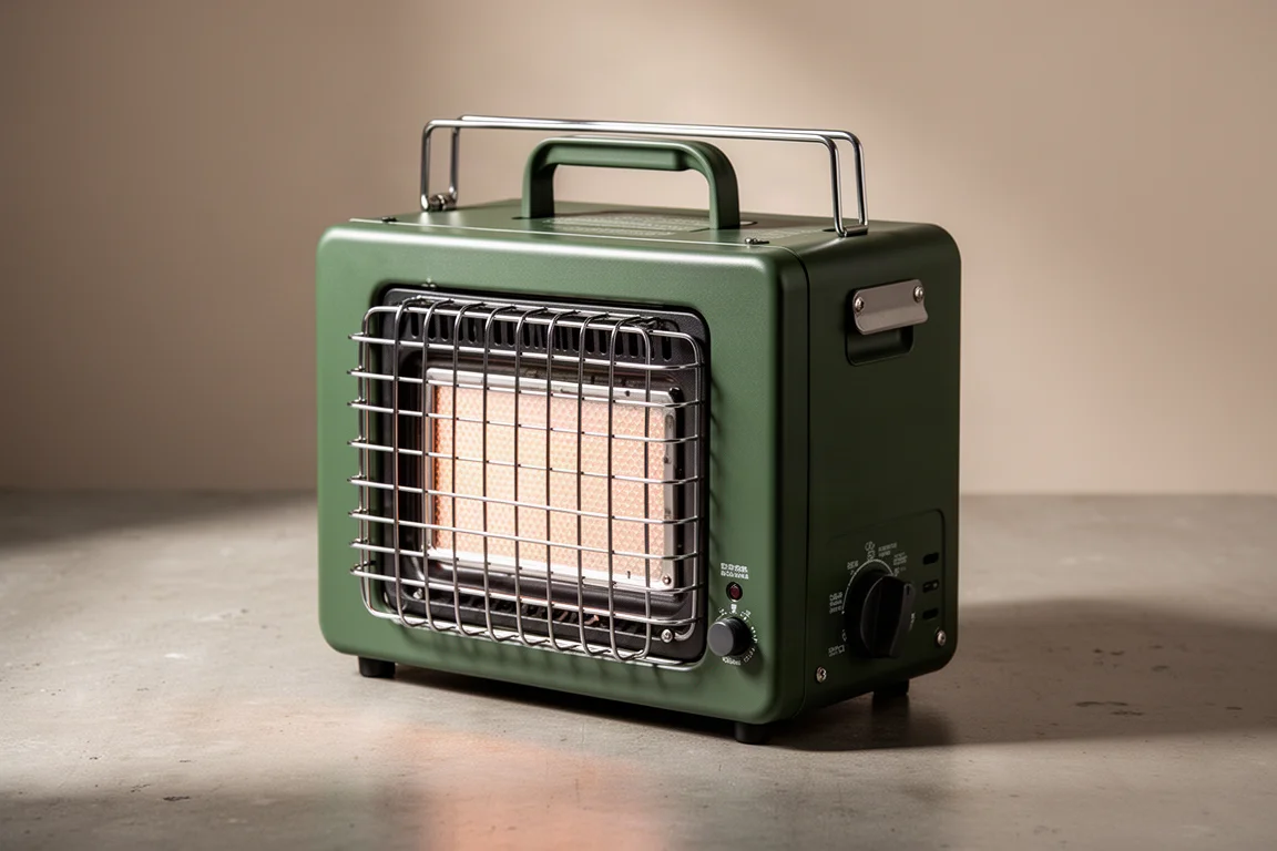 Portable green propane camping heater with folding handle on a concrete surface