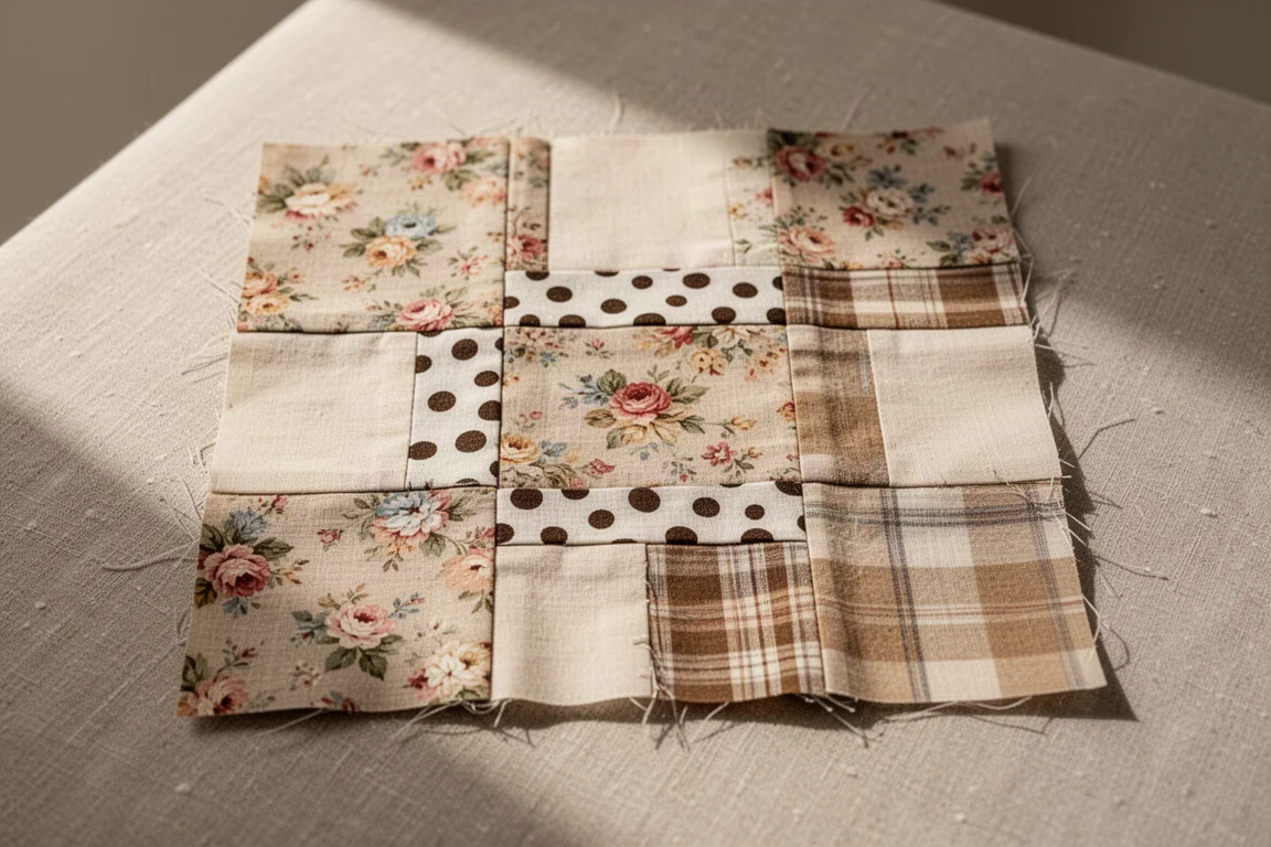 Blocco di tessuto patchwork completato con motivo a mosaico stile trapunta su un tavolo
