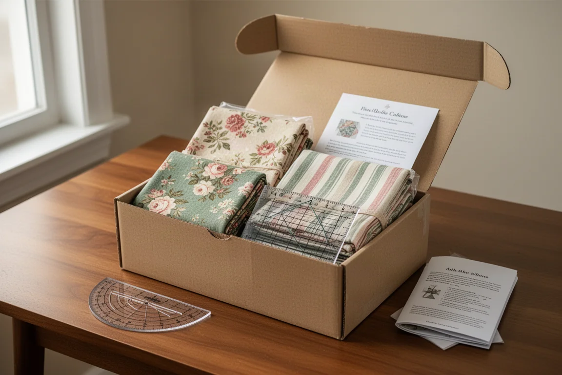 Subscription box di artigianato aperta con fette di tessuto, righello e libricino su una scrivania in legno