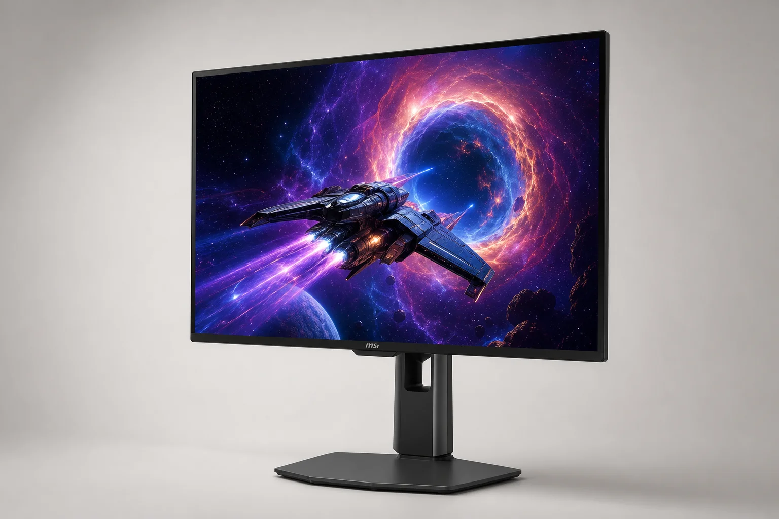 Cinque monitor da gaming disposti su una superficie in cemento che mostrano display IPS e OLED a 1440p