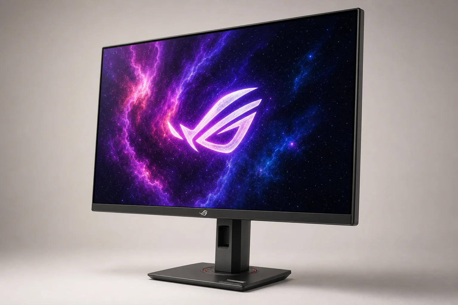 Cinque monitor da gaming disposti su cemento che mostrano display IPS e OLED a 1440p