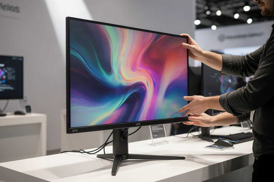 Mani che regolano il supporto di un monitor gaming da 27 pollici su una scrivania espositiva