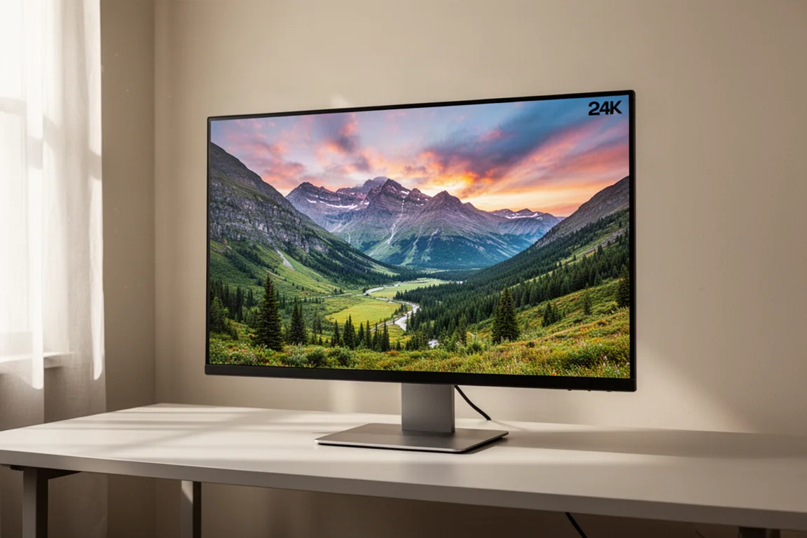 Un monitor 4K da 32 pollici che mostra una foto paesaggistica vibrante su una scrivania