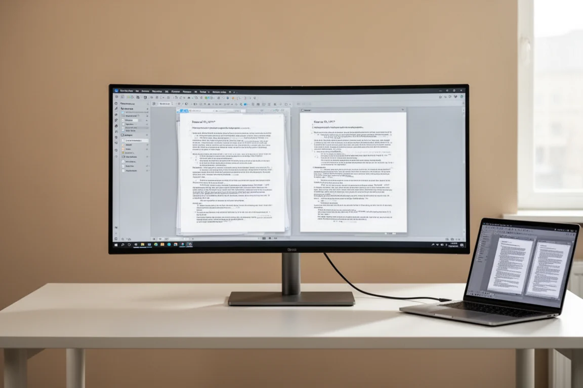 Un monitor ultrawide piatto da 34 pollici su una scrivania con un laptop collegato tramite USB-C