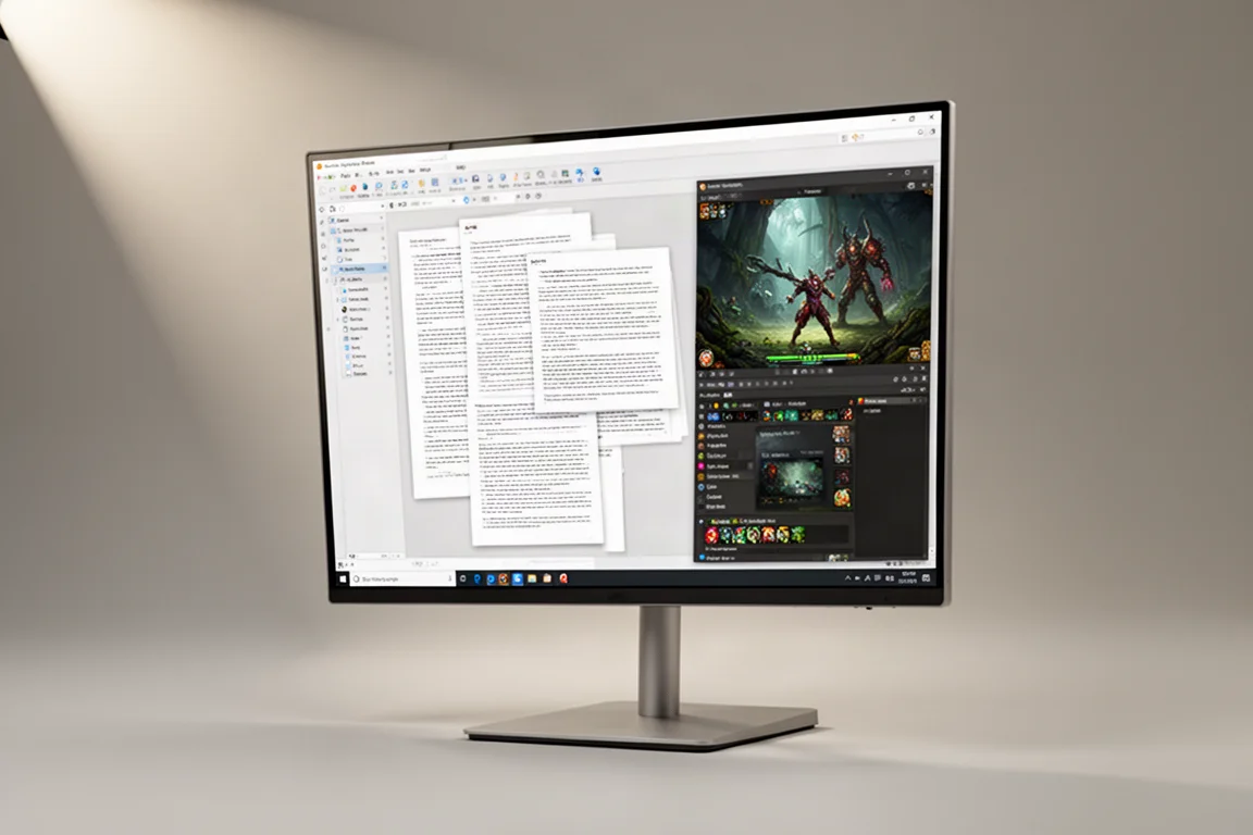 Sette monitor per computer esposti in fila in una fiera tecnologica