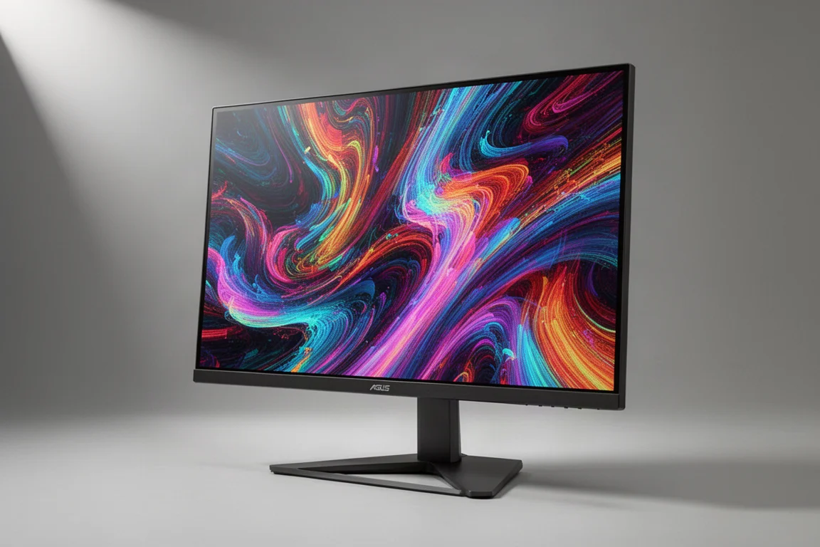 Sette monitor per computer esposti in fila in una fiera tecnologica