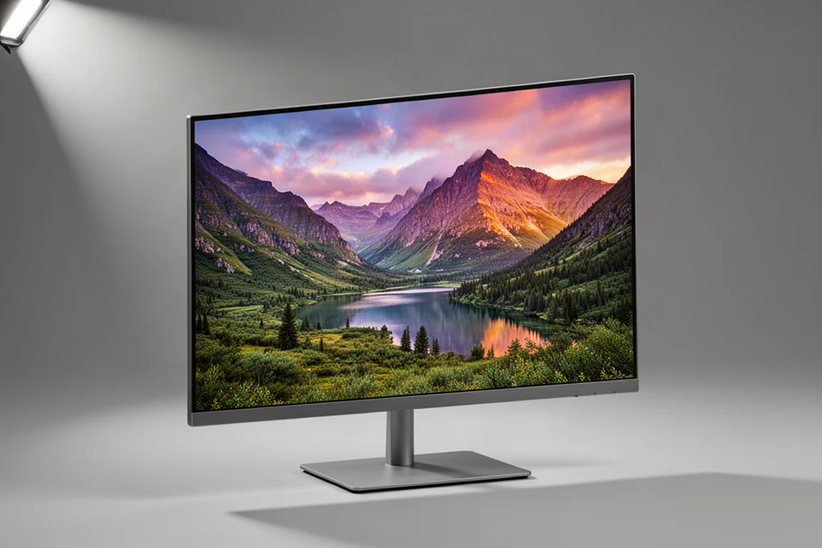 Sette monitor per computer esposti in fila in una fiera tecnologica