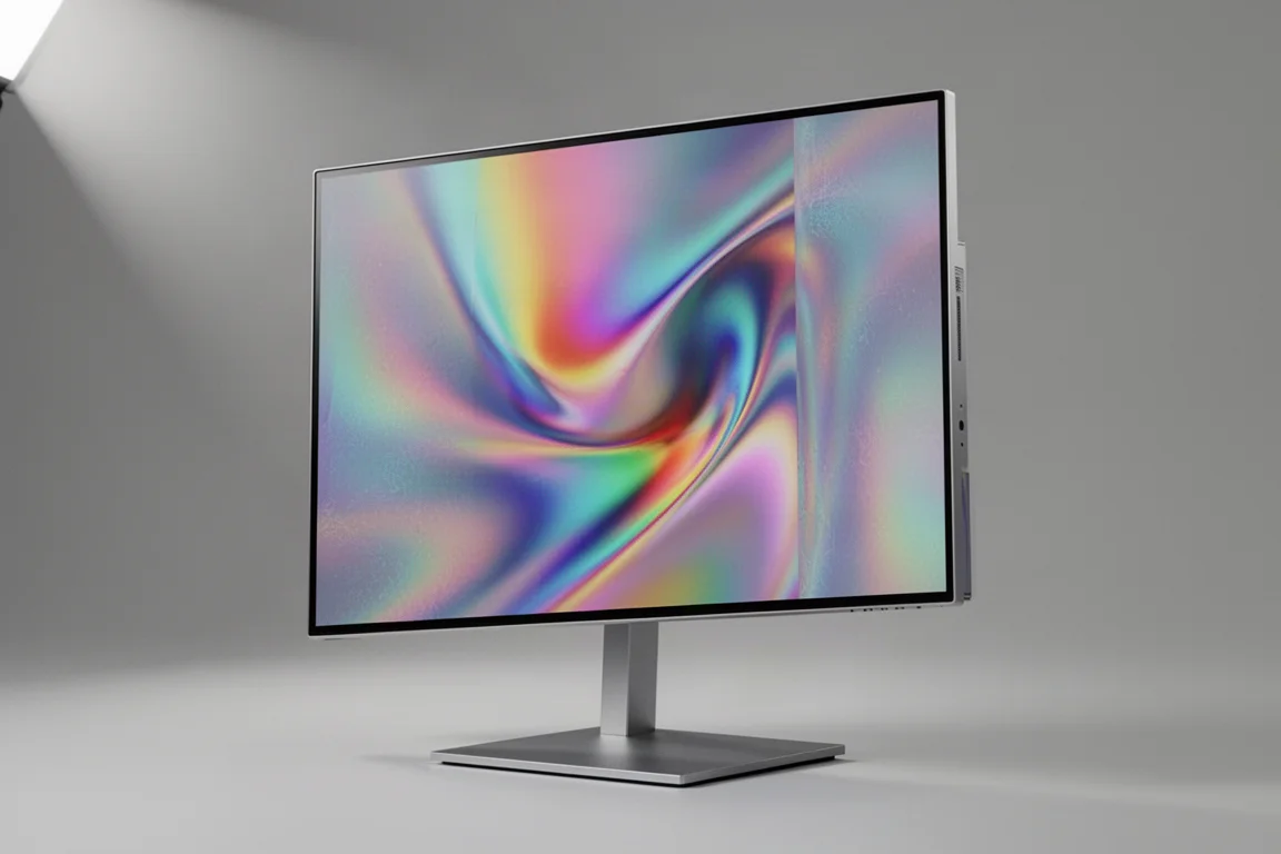 Sette monitor per computer esposti in fila in una fiera tecnologica