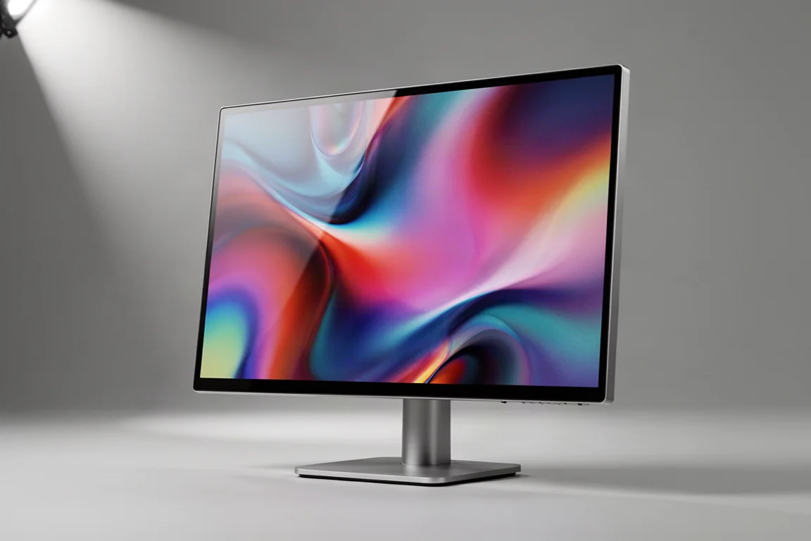 Sette monitor per computer esposti in fila in una mostra tecnologica